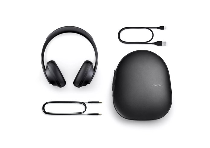 Bose Noise Cancelling Headphones 700 – Refurbished, audio cable, USB-C charging cable, and Carrying case