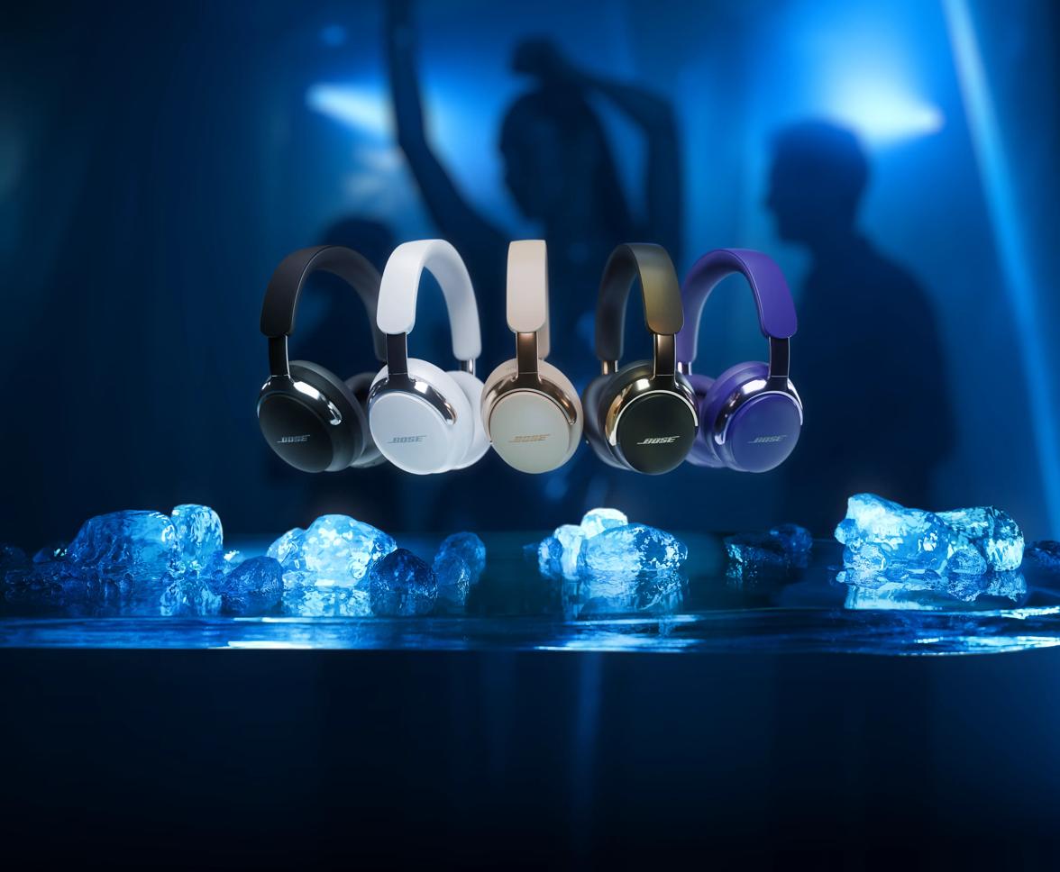 Bose QuietComfort Ultra Headphones (2nd Gen) in a variety of colors floating above ice with dancers in the background.