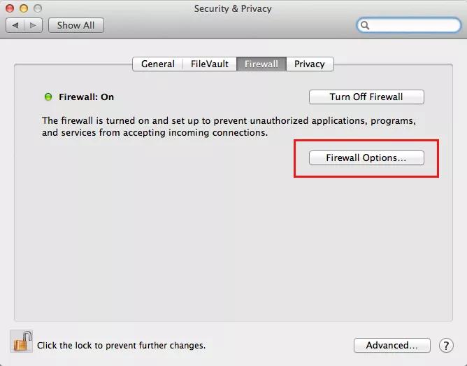 Firewall Options selection in the Firewall tab of the Security and Privacy window