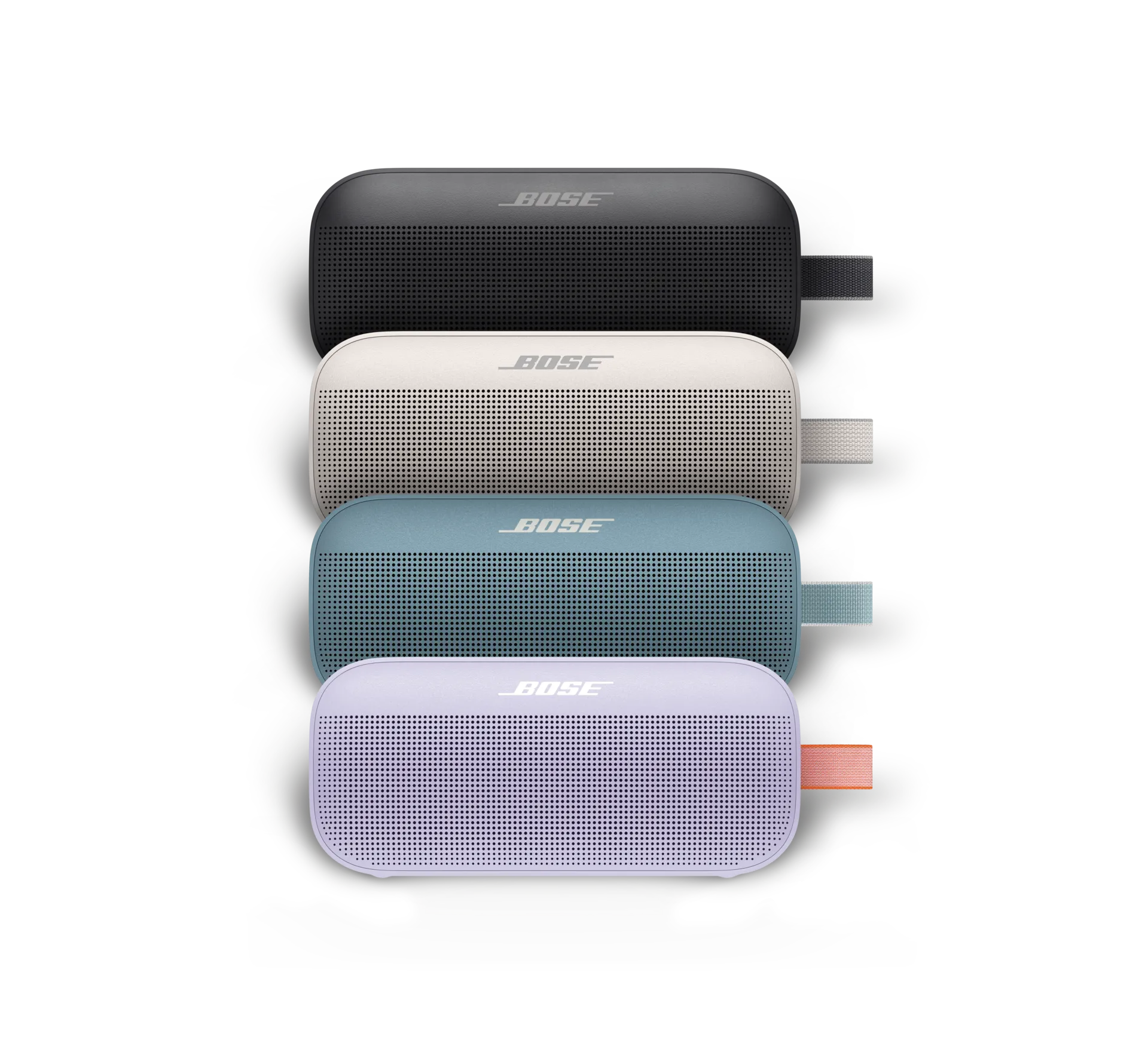 Bose SoundLink Flex Bluetooth Speakers shown in Black, White Smoke, Stone Blue, and Chilled Lilac 