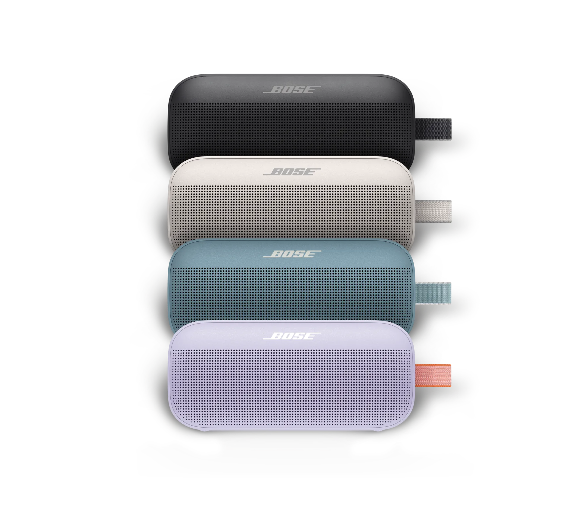 Bose SoundLink Flex Bluetooth Speakers shown in Black, White Smoke, Stone Blue, and Chilled Lilac 