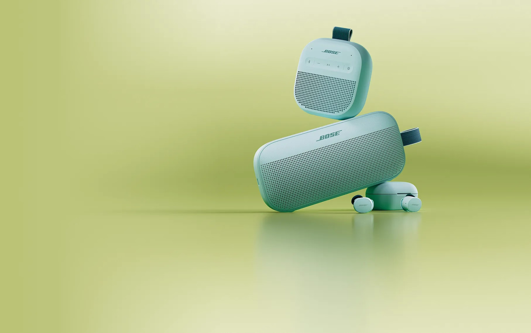 Bose SoundLink Micro Portable Speaker (2nd Gen), SoundLink Flex Portable Speaker (2nd Gen), and QuietComfort Earbuds in DewDrop Mint.