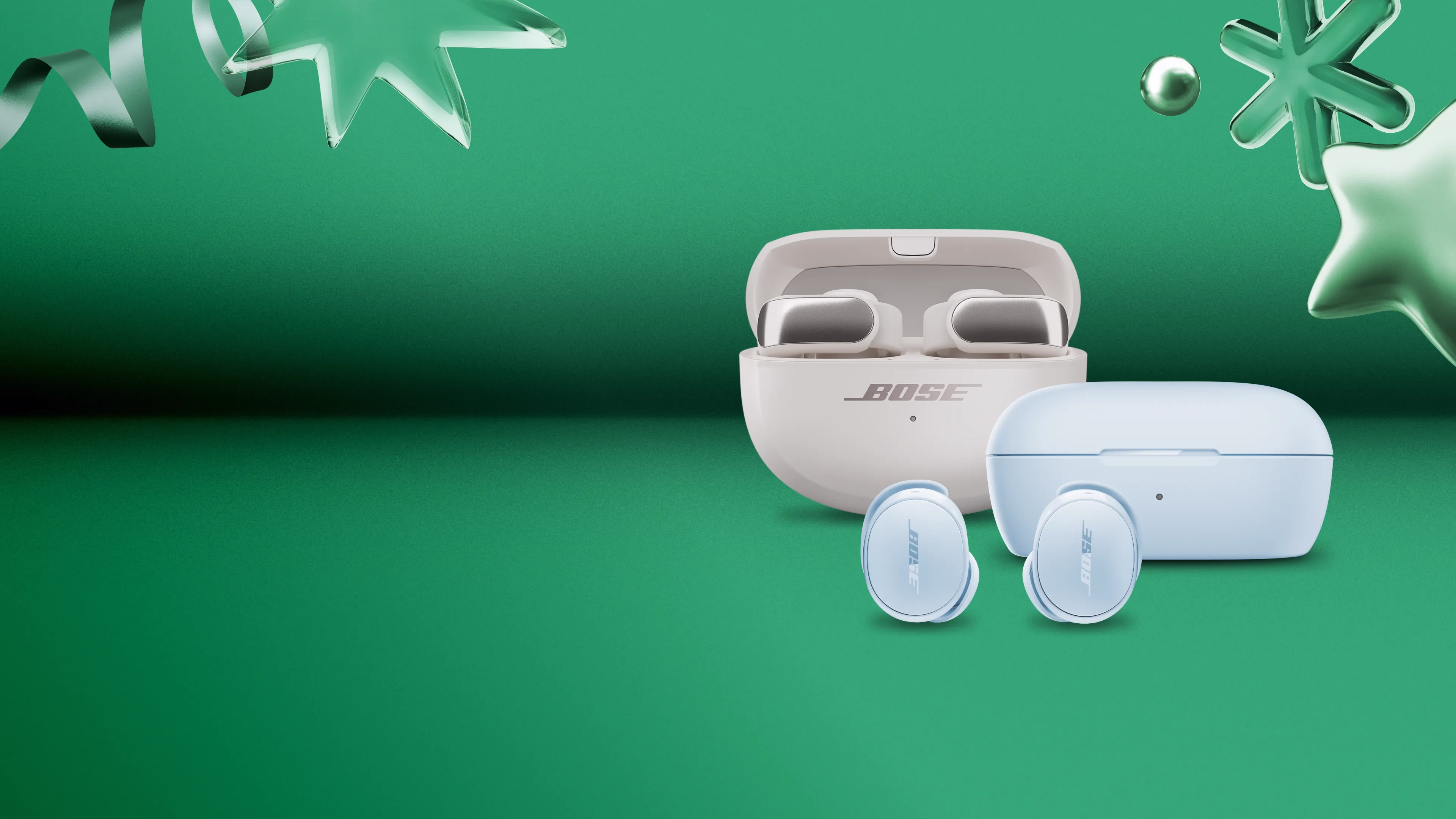 Bose Ultra Open Earbuds (1st Gen) and QuietComfort Earbuds with a Christmas background.