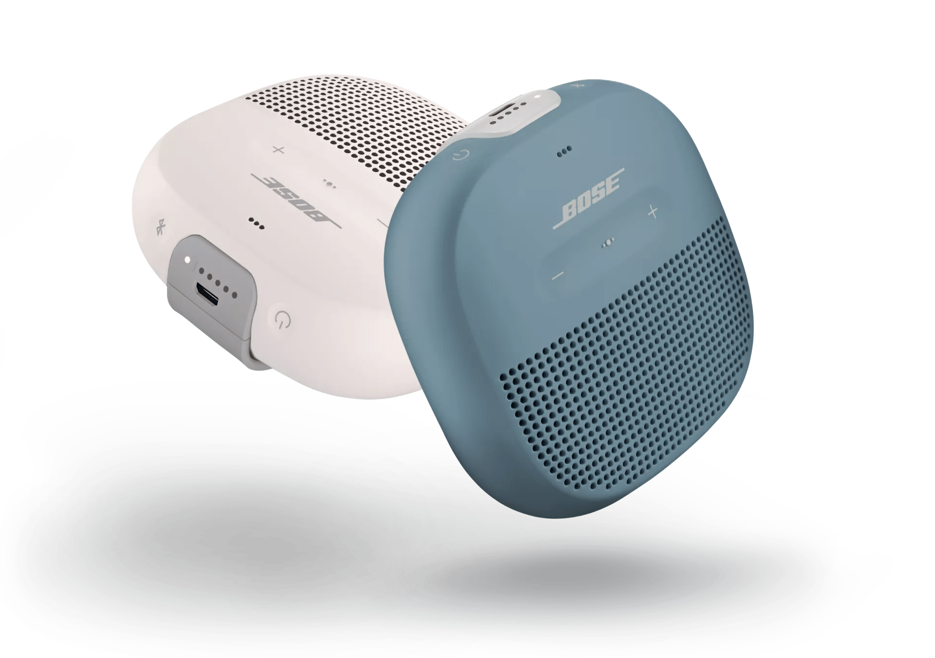 Enceintes Bluetooth SoundLink Micro en bleu pierre et en blanc fumé