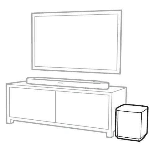subwoofer placed beside a TV and soundbar