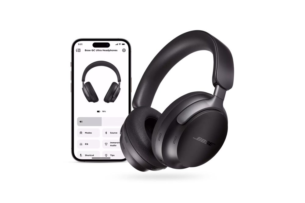 Bose QuietComfort Ultra Headphones (2nd Gen) next to a smartphone displaying the Bose app.