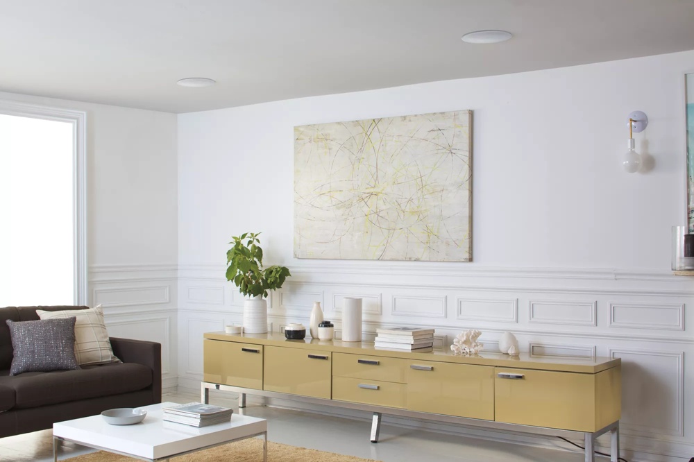 A room with Virtually Invisible 791 In-Ceiling Speakers installed on the ceiling