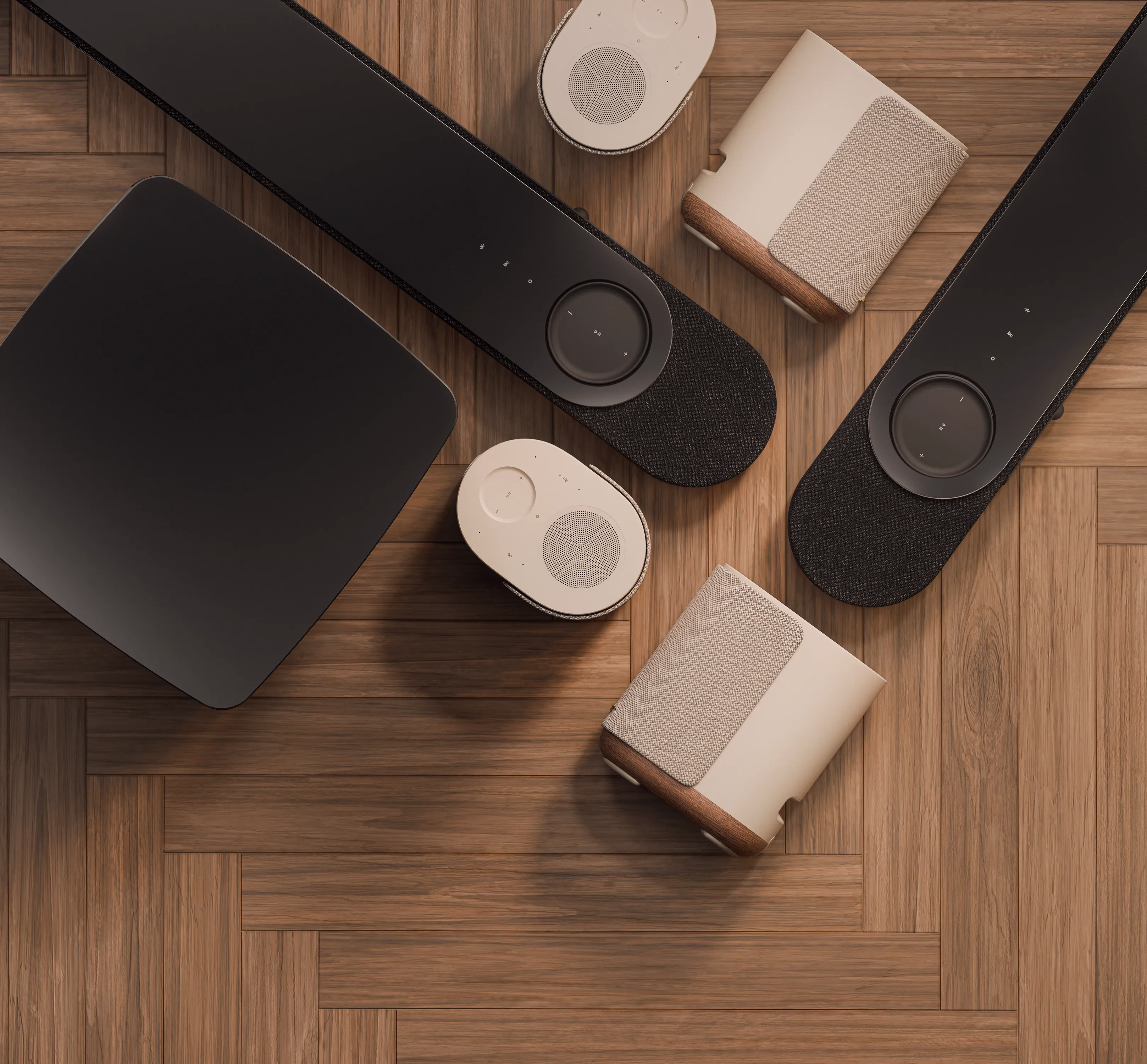 Lifestyle Ultra Soundbar, Lifestyle Ultra Speaker, and Lifestyle Ultra Subwoofer placed on a wood floor.