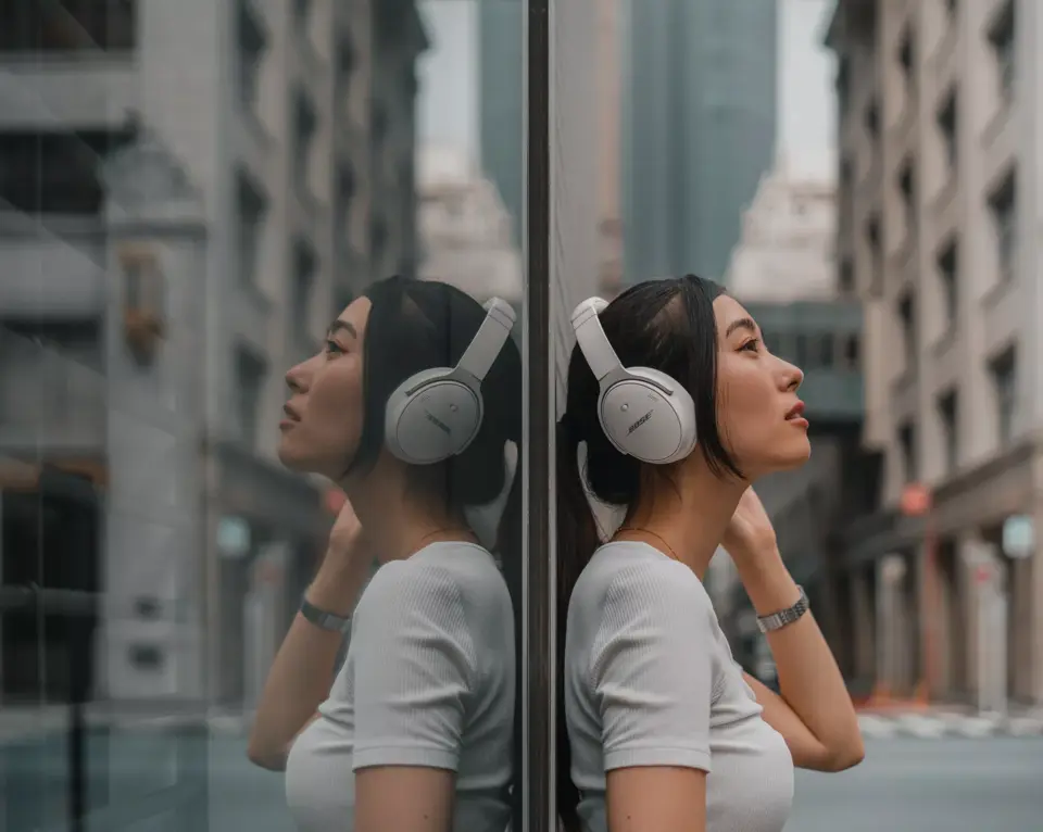 Woman wearing White Smoke QuietComfort 45 Headphones 