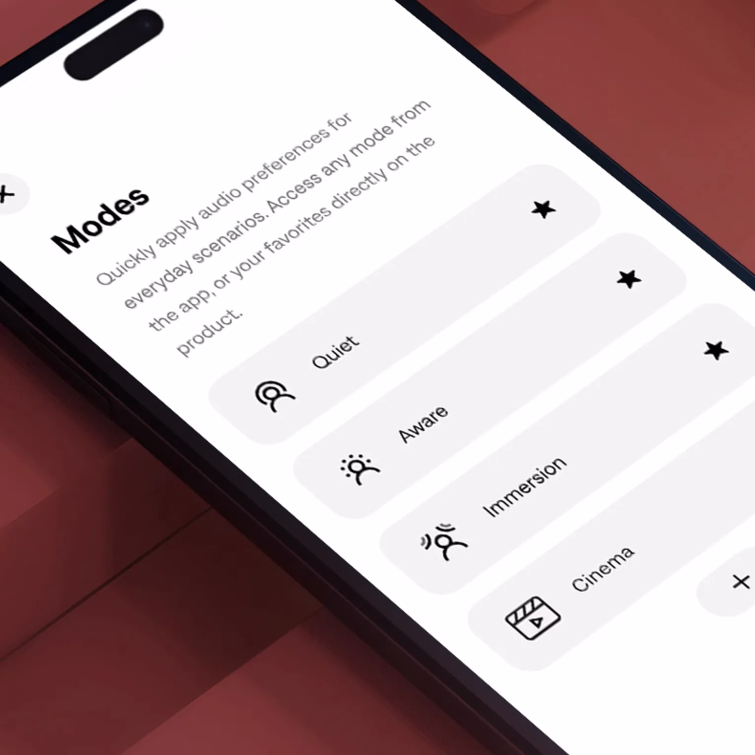 Smartphone displaying the Modes feature of the Bose app.