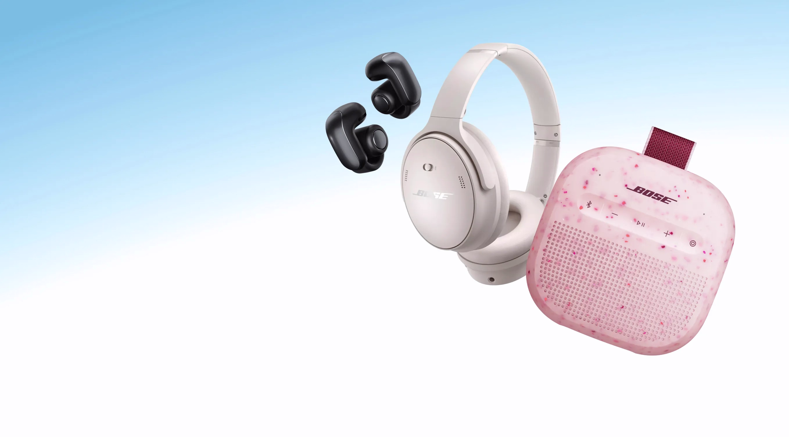 Bose Ultra Open Earbuds (1st Gen), Bose QuietComfort Headphones (1st Gen), and SoundLink Micro Portable Speaker (2nd Gen).