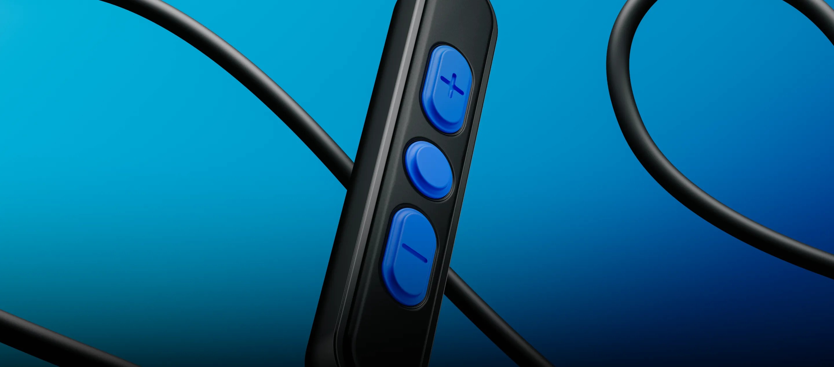 Close-up of the three-button in-line remote on the Bose Noise Cancelling Wired Earbuds
