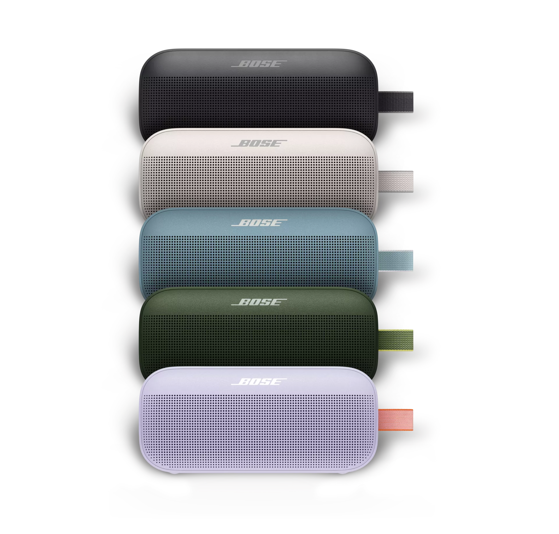 SoundLink Flex Bluetooth Speakers shown in Black, White Smoke, Stone Blue, Cypress Green, and Chilled Lilac 