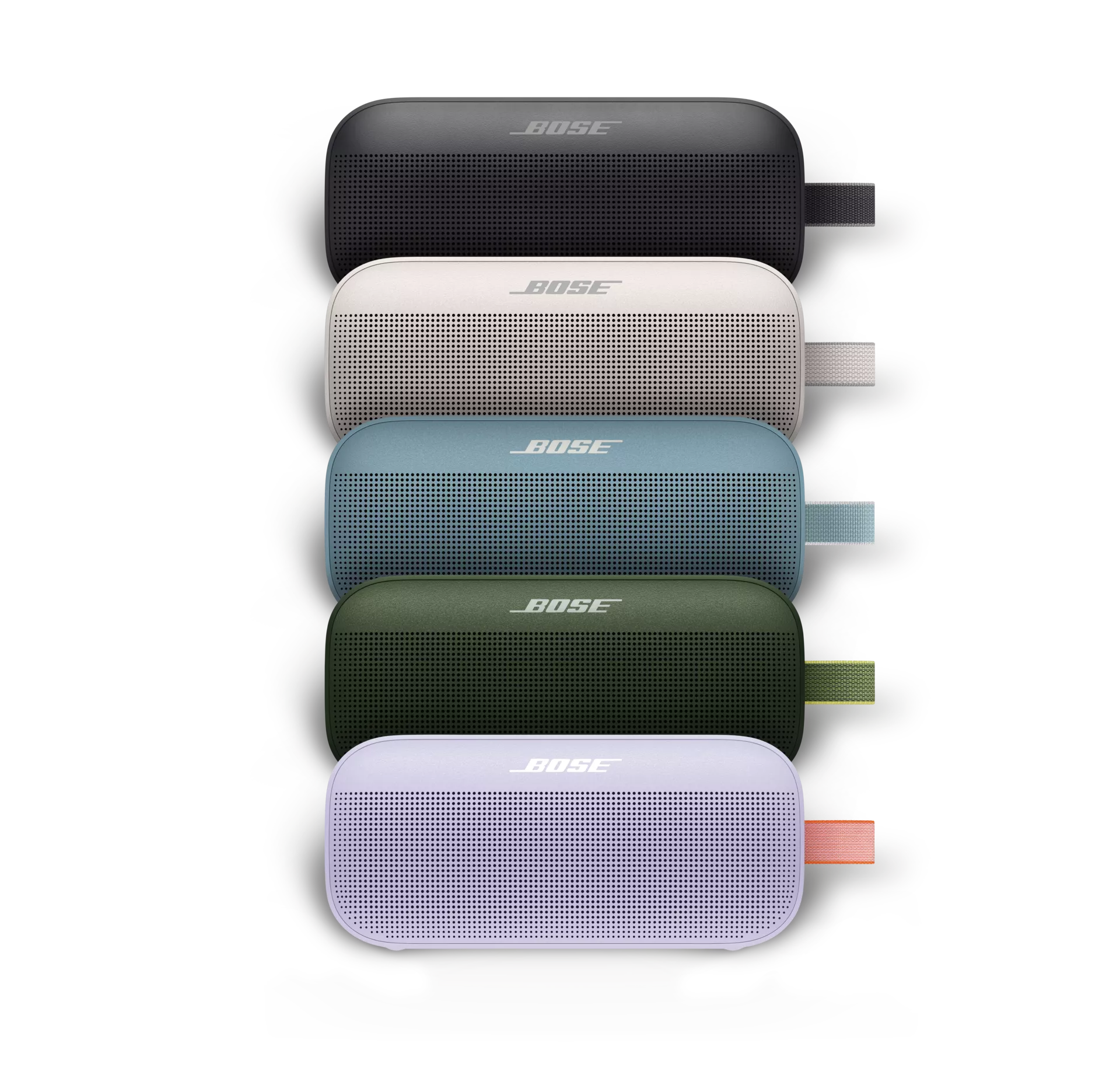 SoundLink Flex Bluetooth Speakers shown in Black, White Smoke, Stone Blue, Cypress Green, and Chilled Lilac 