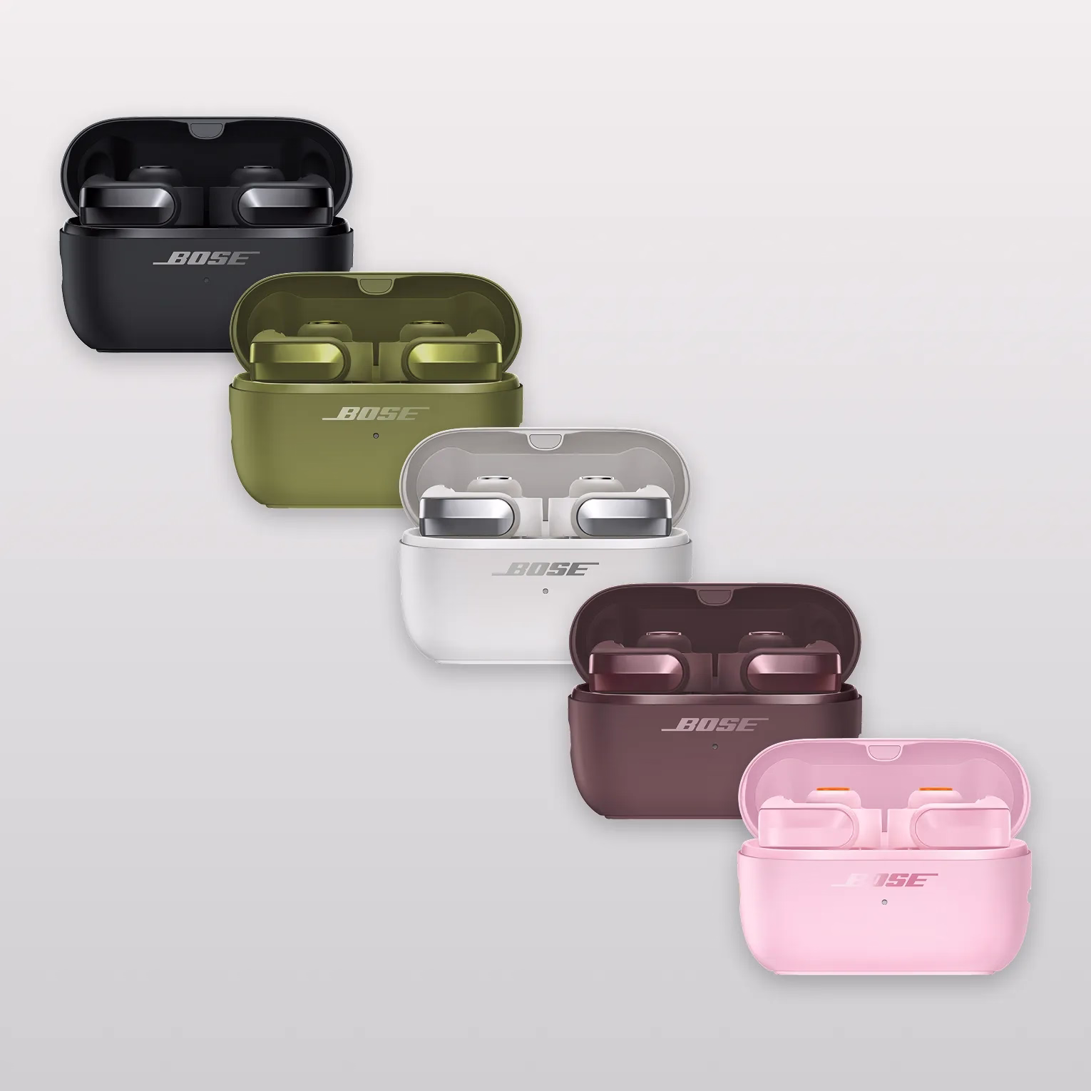 Bose Ultra Open Earbuds (2nd Gen) in their charging case in Black, Cherry Chocolate, Sky Pink, White Smoke and Olive Green. 