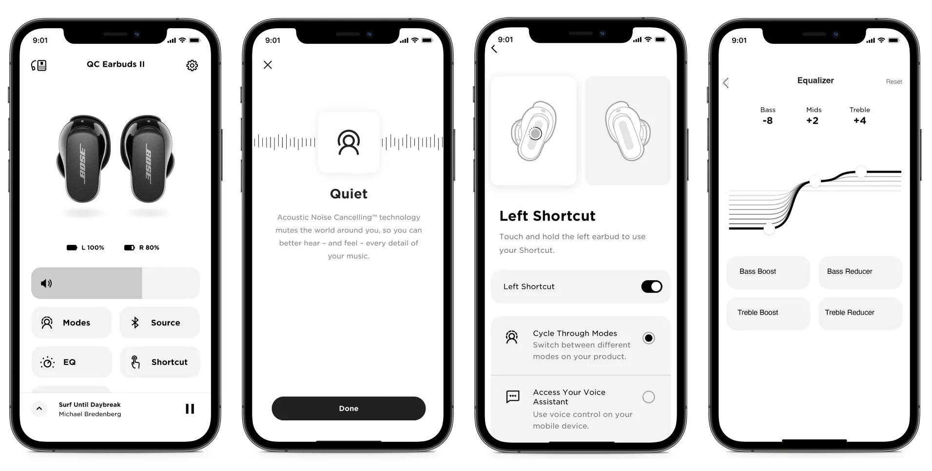 Smartphone screens showing the Bose QuietComfort Earbuds II in the Bose Music app