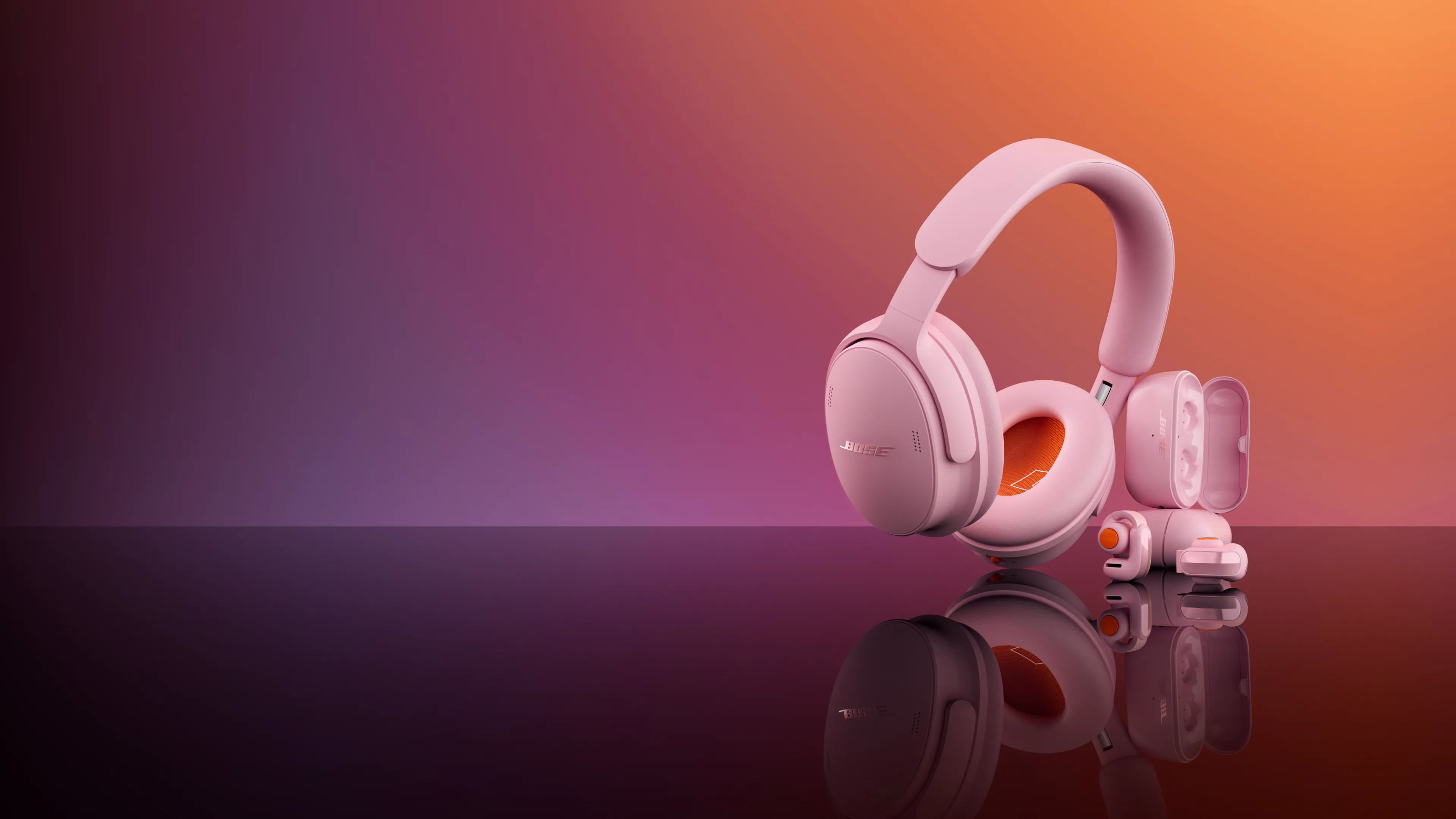 Bose QuietComfort Headphones (2nd Gen) and Bose Ultra Open Earbuds (2nd Gen) in Sky Pink.