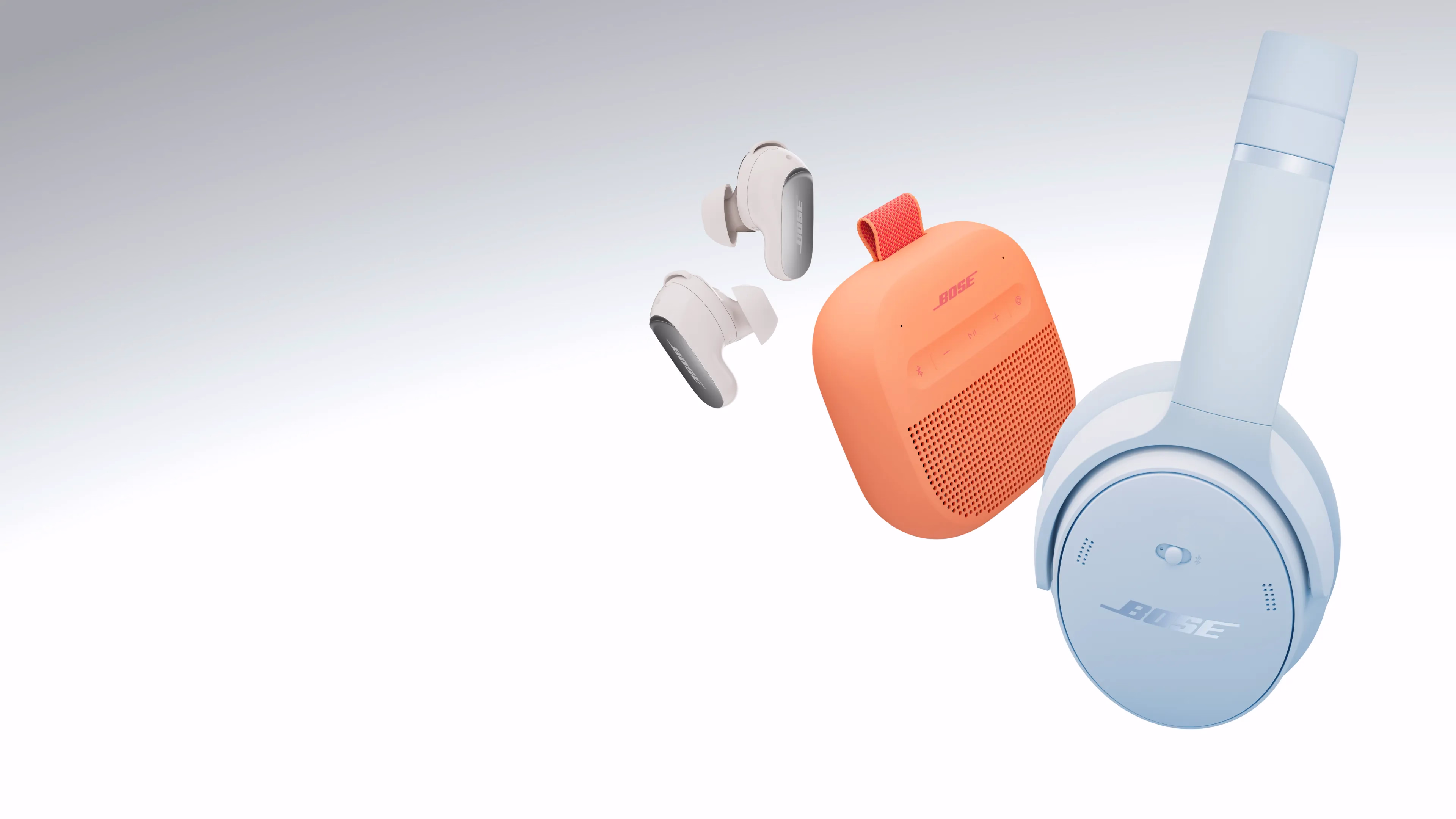 Bose QuietComfort Ultra Earbuds (2nd Gen), SoundLink Micro Portable Speaker (2nd Gen), and QuietComfort Headphones.
