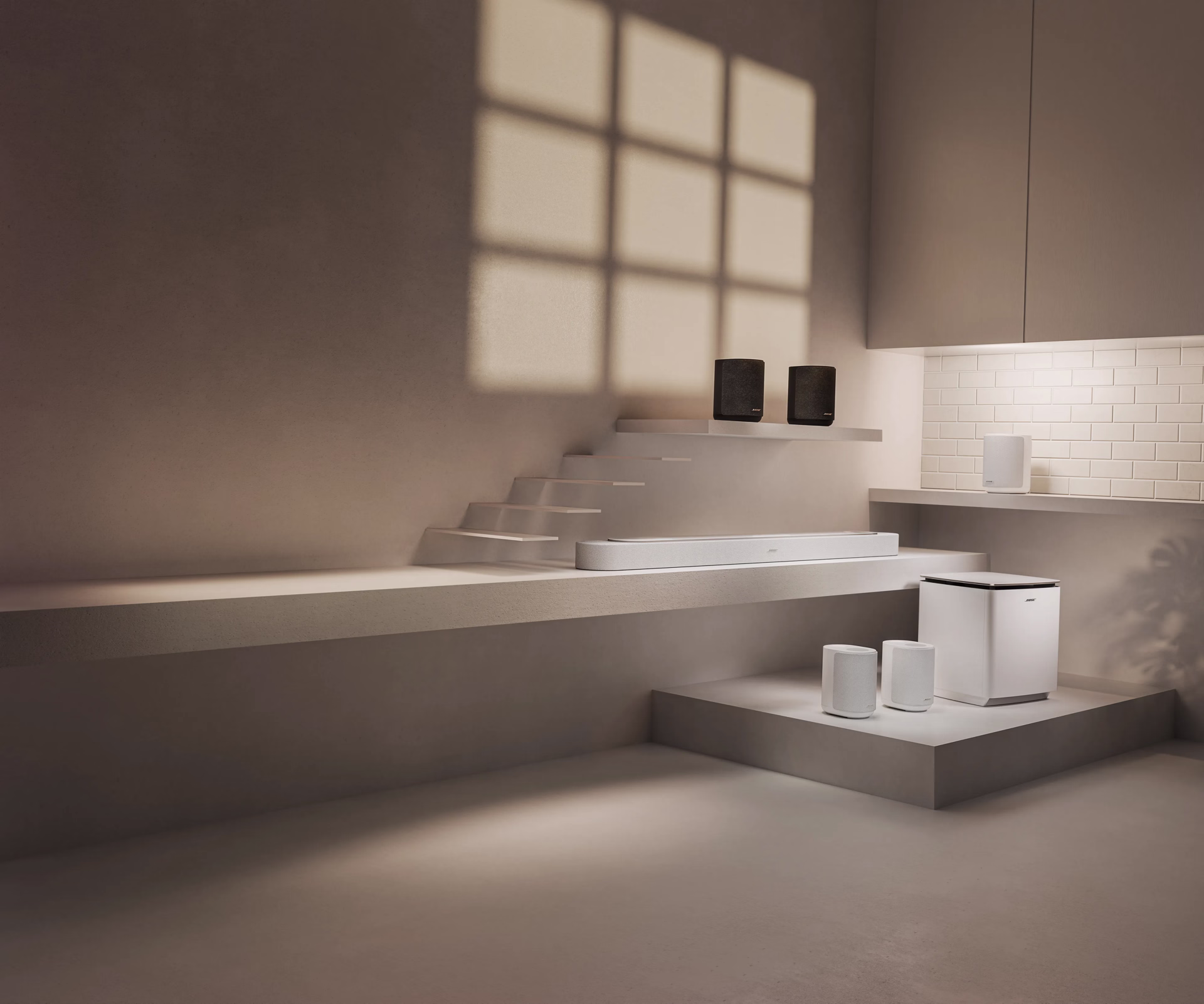 Lifestyle Ultra Soundbar, Lifestyle Ultra Speakers, and Lifestyle Ultra Subwoofer arranged in a modern home theater setup.