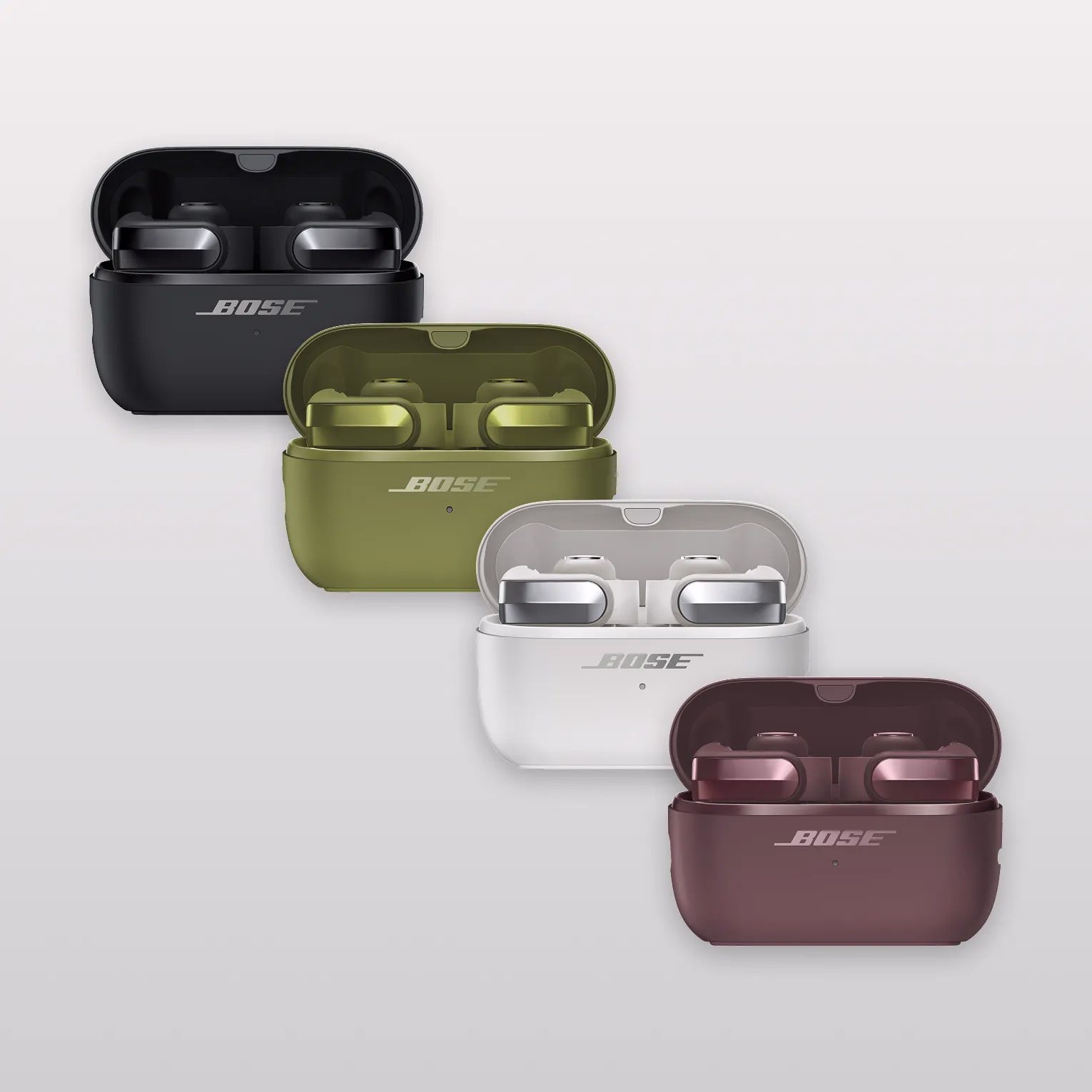 Bose Ultra Open Earbuds (2nd Gen) in their charging case in Black, Cherry Chocolate, White Smoke, and Olive Green.    