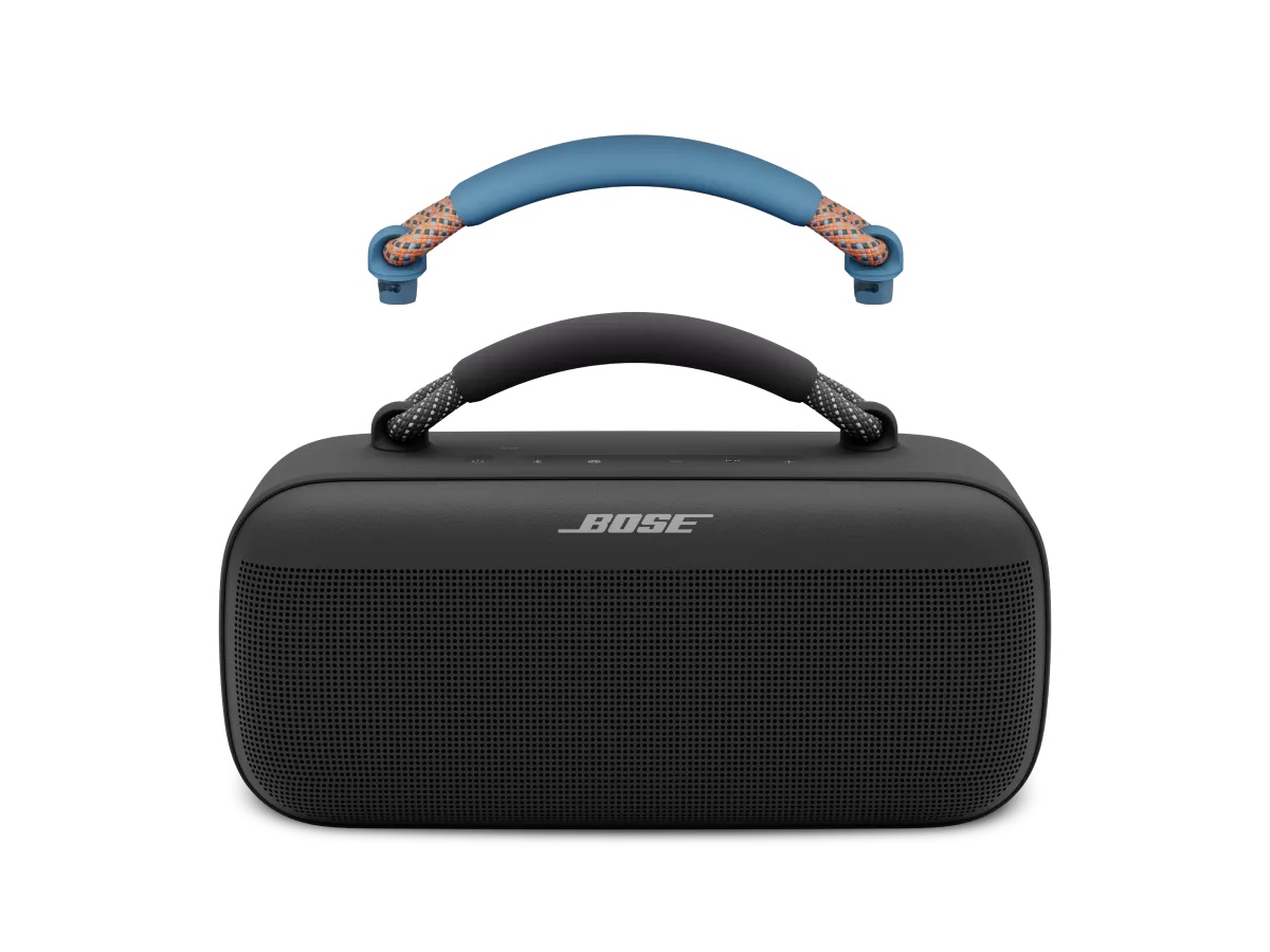 Bose SoundLink Max Rope Handle, farba Blue Dusk/Apricot, nasadená na reproduktore