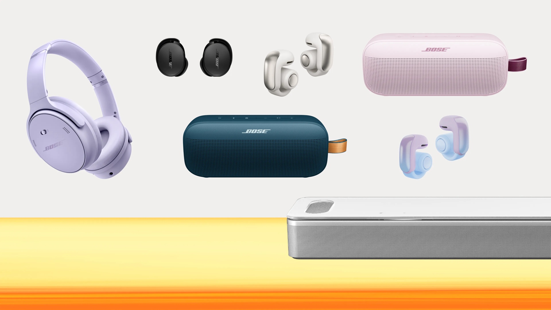 Bose QuietComfort Headphones, QuietComfort Earbuds, Ultra Open Earbuds, SoundLink Flex Portable Speaker (2nd Gen), and Smart Ultra Soundbar.