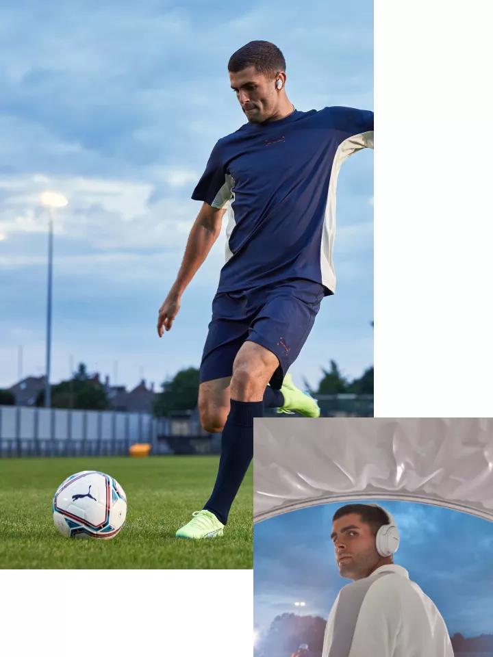 Christian Pulisic portant des écouteurs QuietComfort II sur un terrain de soccer et un casque QuietComfort 45