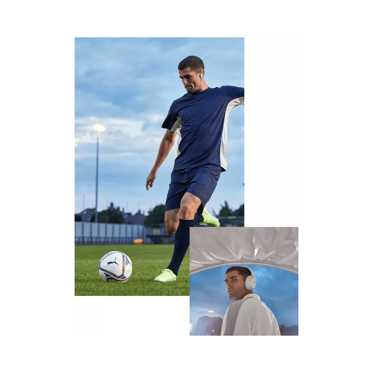 Christian Pulisic wearing QuietComfort Earbuds II on a soccer field and QuietComfort 45 headphones