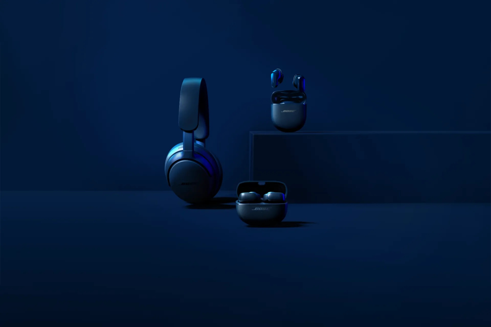 QuietComfort Ultra Headphones, QuietComfort Ultra Earbuds, and Bose Ultra Open Earbuds in Lunar Blue