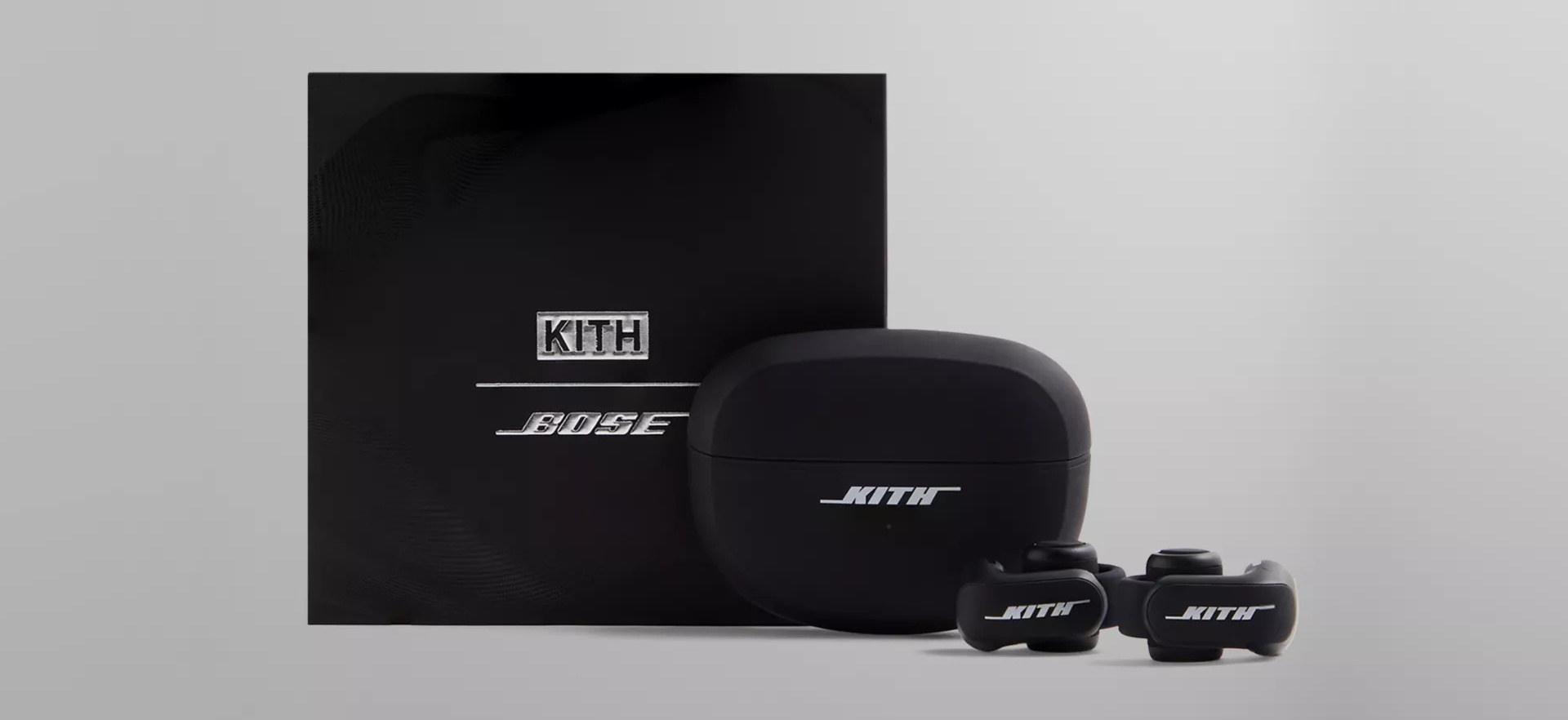 The Kith for Bose Ultra Open Earbuds carton, Charging Case, and Kith for Bose Ultra Open Earbuds