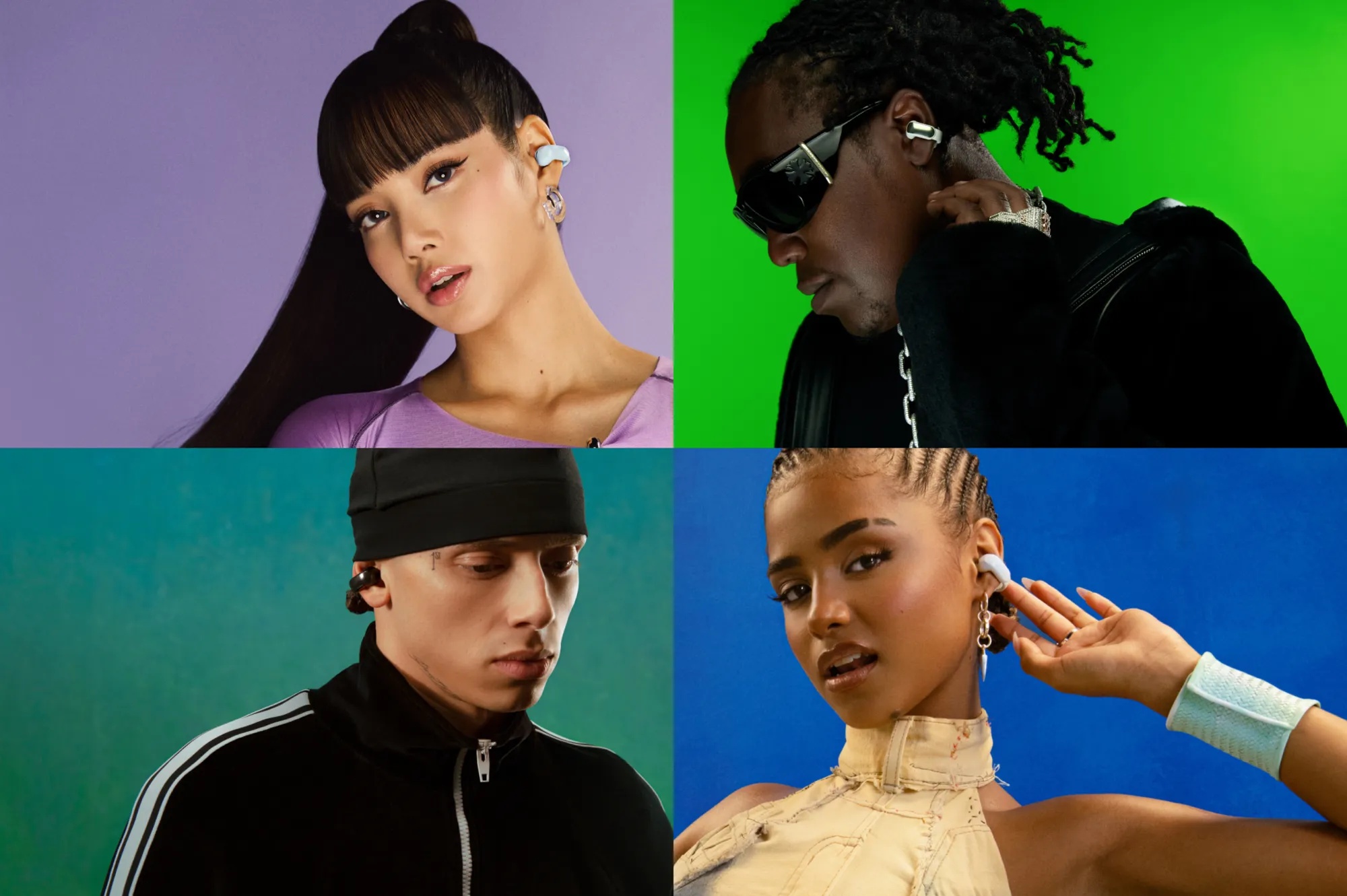 Music artists Lisa, Don Toliver, Central Cee, and Tyla wearing Bose Ultra Open Earbuds.