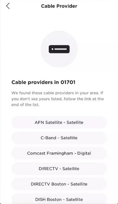 screen 7. select your cable TV or satellite TV provider