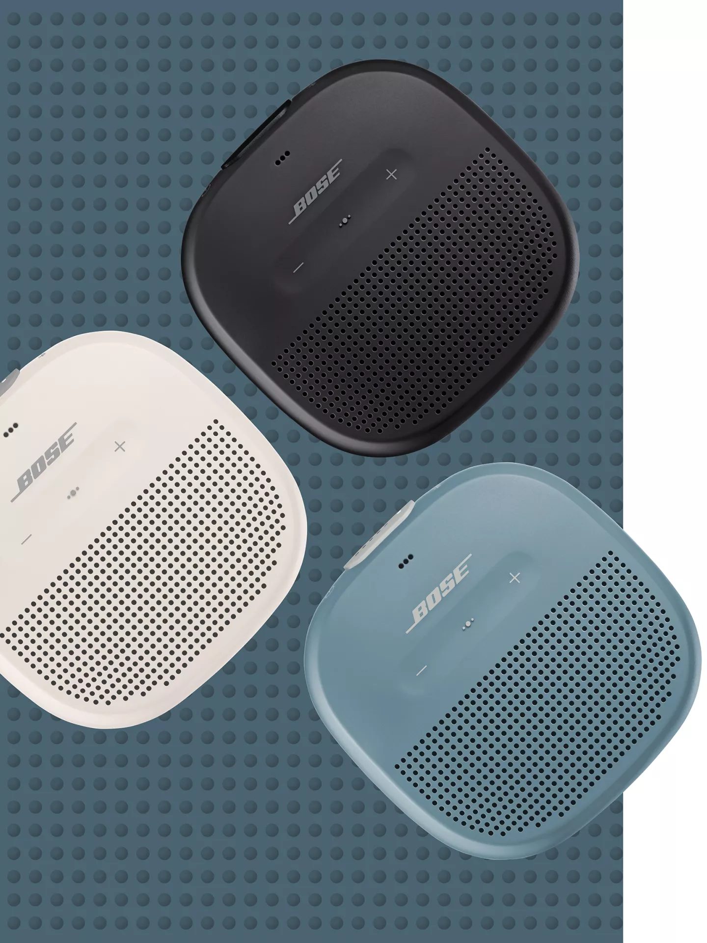 Enceintes Bluetooth SoundLink Micro en blanc fumé, en noir et en bleu pierre