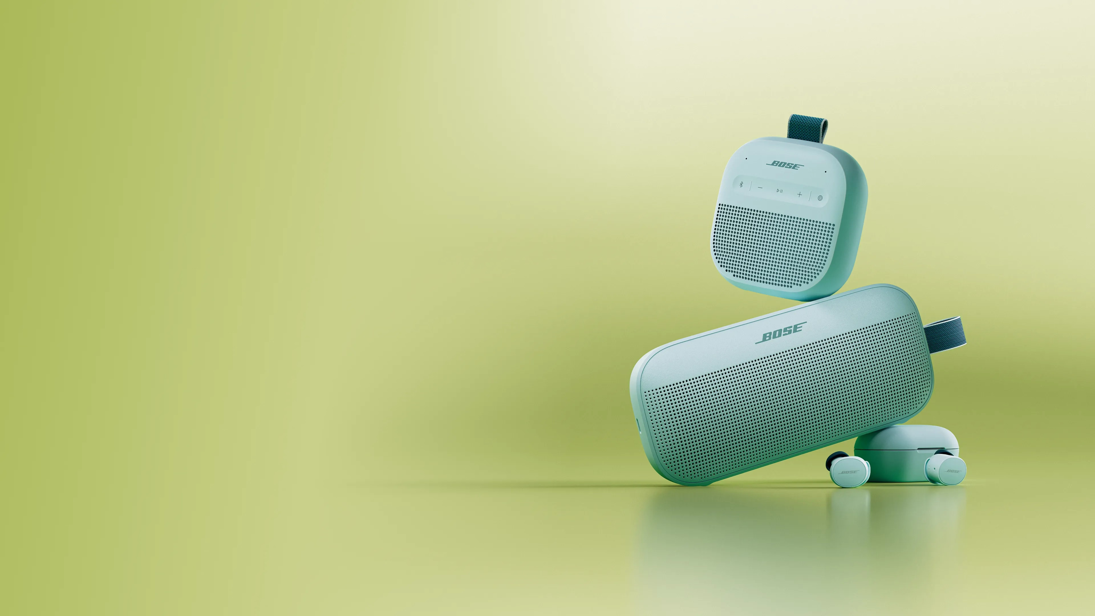 Bose SoundLink Micro Portable Speaker (2nd Gen), SoundLink Flex Portable Speaker (2nd Gen), and QuietComfort Earbuds in Dewdrop Mint.