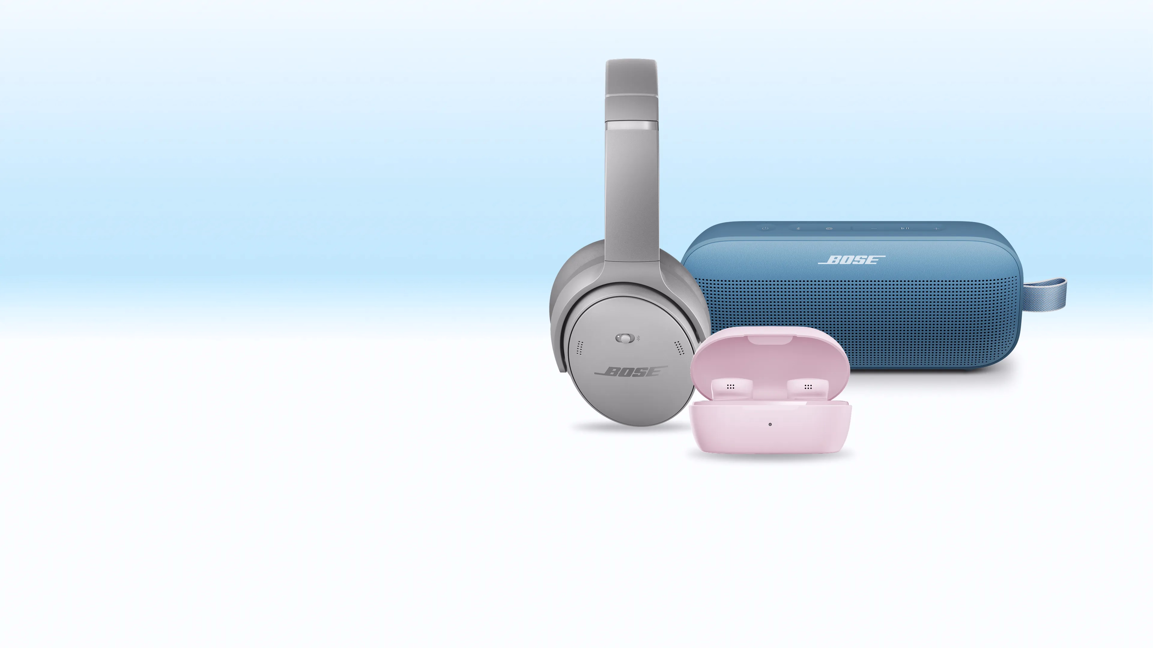 Bose QuietComfort Headphones (`1st Gen), SoundLink Flex Portable Speaker (2nd Gen), and QuietComfort Earbuds.