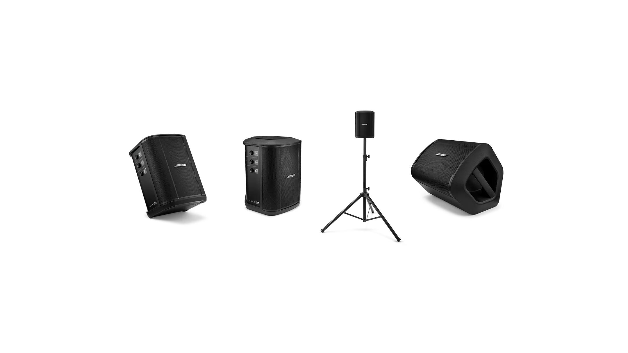 The S1 Pro+ Wireless PA System in four positioning options: tilted back on a floor, sitting vertically on a flat surface, mounted on a speaker stand, and on its side in monitor mode