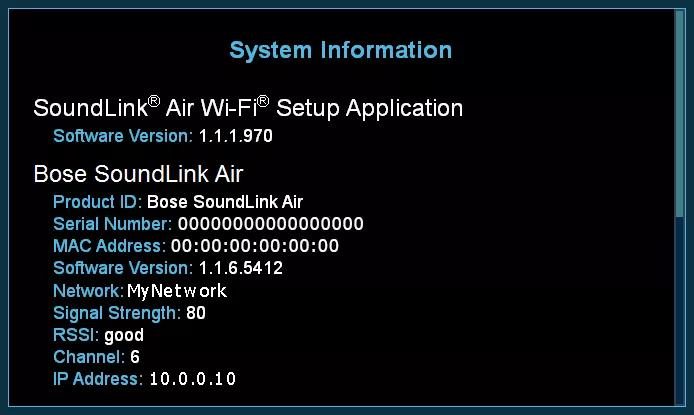 SoundLink setup application screen highlighting system information