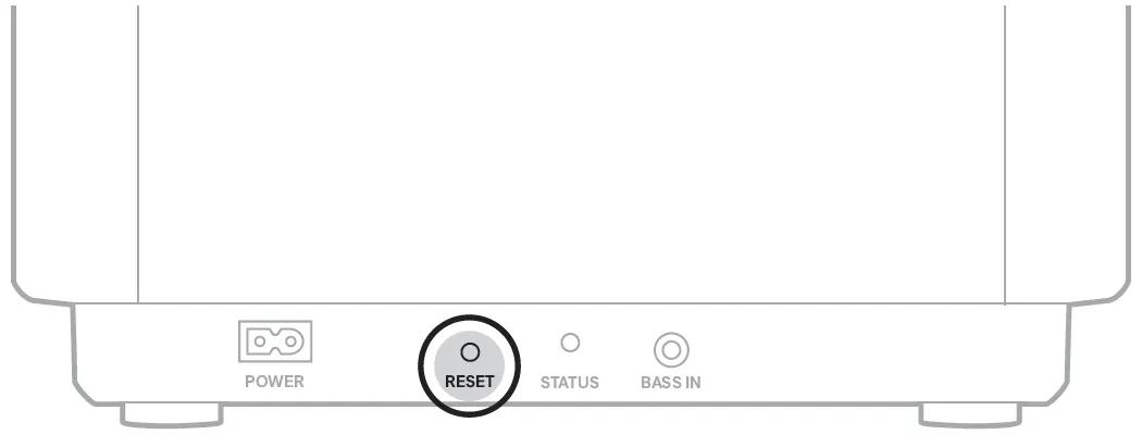 reset button highlighted on the subwoofer