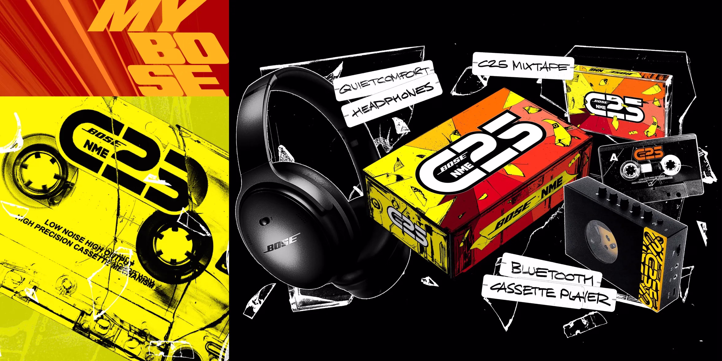 My Bose and Bose ×NME C25 Mixtape graphic, and the giveaway package of the limited-edition C25 Cassette Mixtape, cassette player, and Bose QuietComfort Headphones.