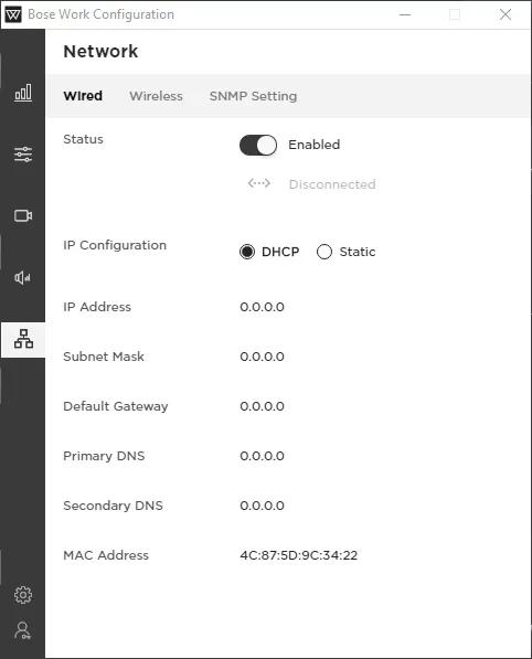Wired network details in the Bose Work Configuration app