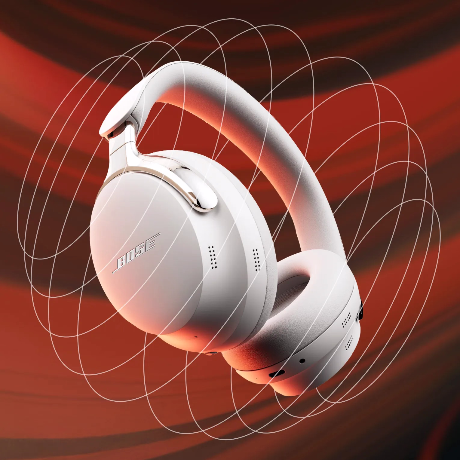 Bose QuietComfort Ultra Headphones (2nd Gen) with lines around them simulating Cinema Mode.