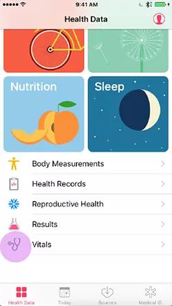 Selecting Vitals on Health Data screen