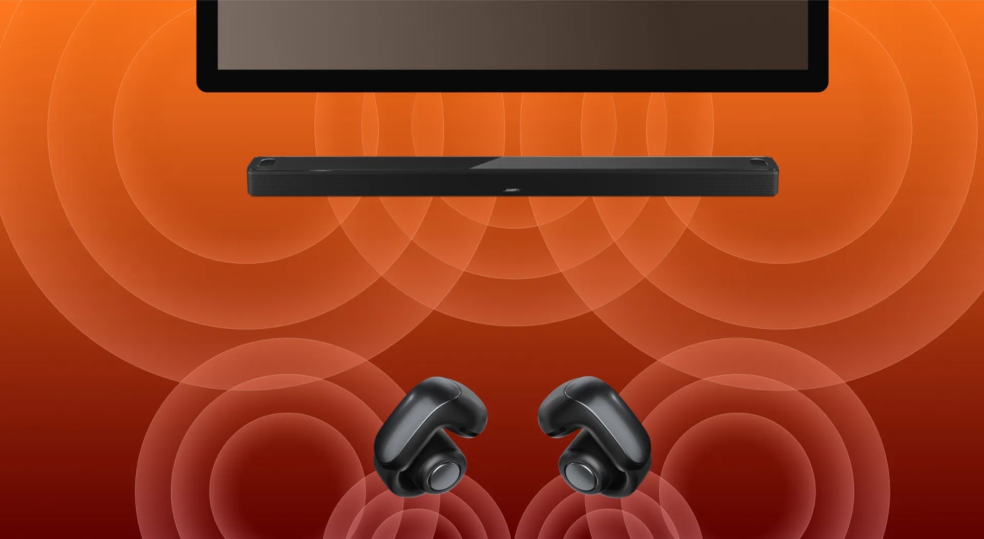 A TV, Bose Smart Ultra Soundbar, and Bose Ultra Open Earbuds for Personal Surround Sound.