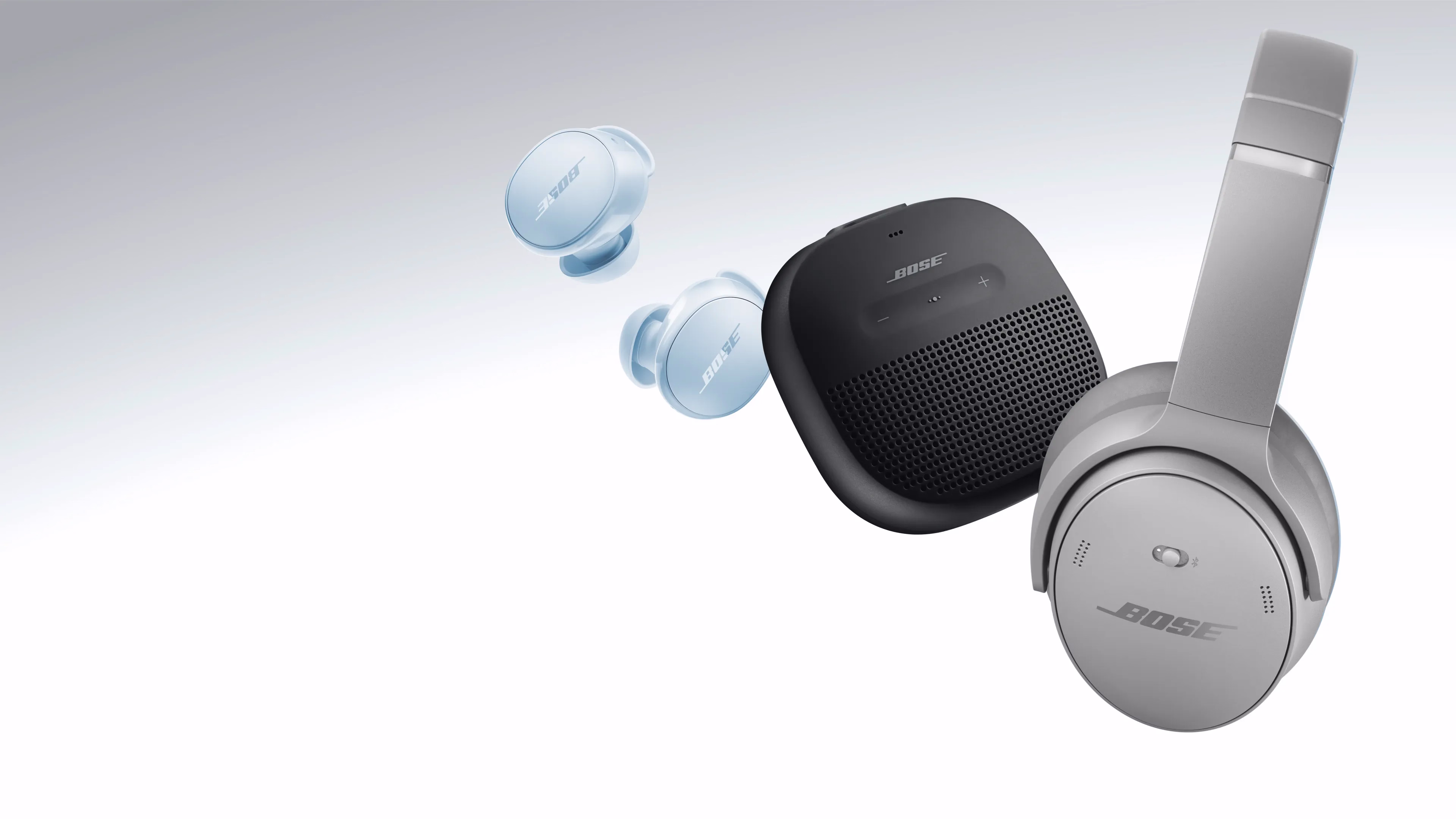 &Eacute;couteurs Bose QuietComfort, enceinte portable SoundLink Micro (2e&nbsp;g&eacute;n&eacute;ration), et casque QuietComfort.
