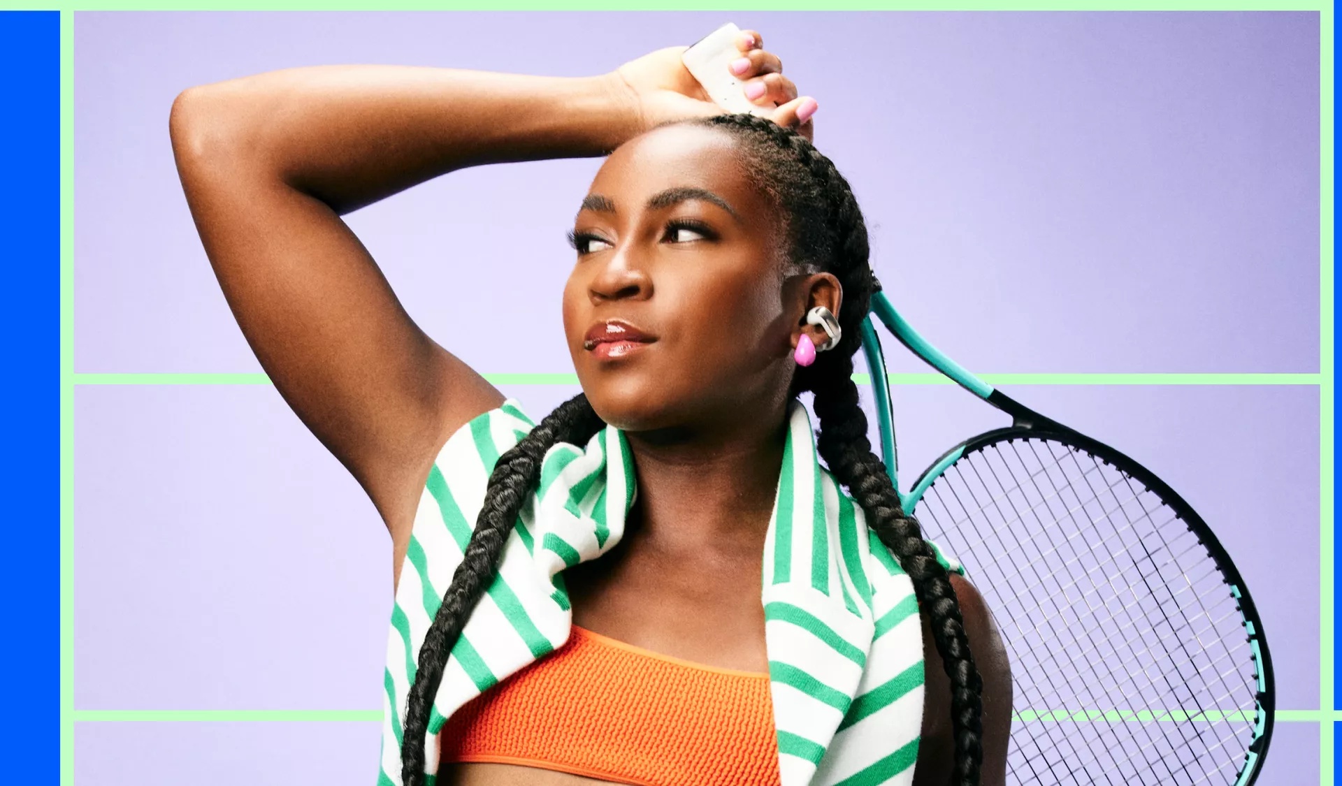 Coco Gauff holding a tennis racket and wearing Bose Ultra Open Earbuds