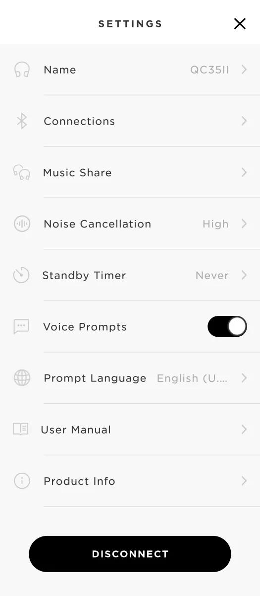 The Bose Connect app Settings screen