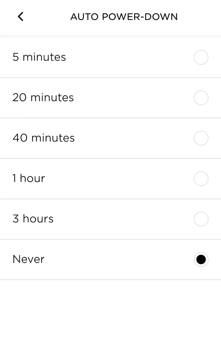 The Bose Connect app auto power down set to never