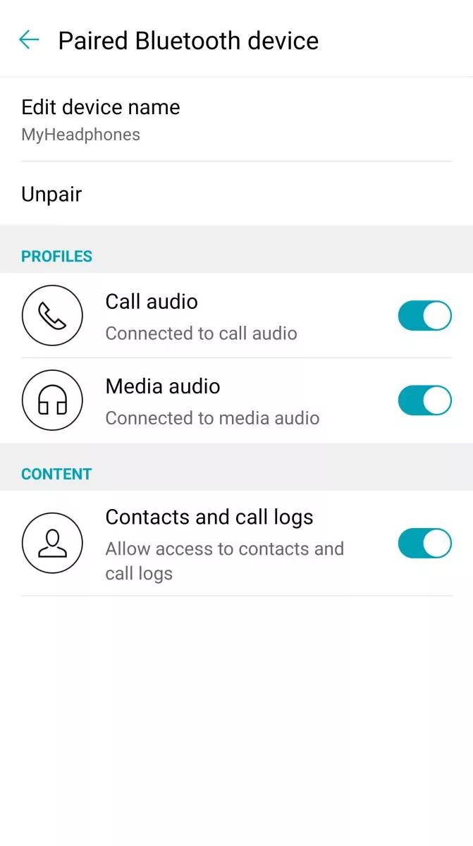 Android Bluetooth device settings